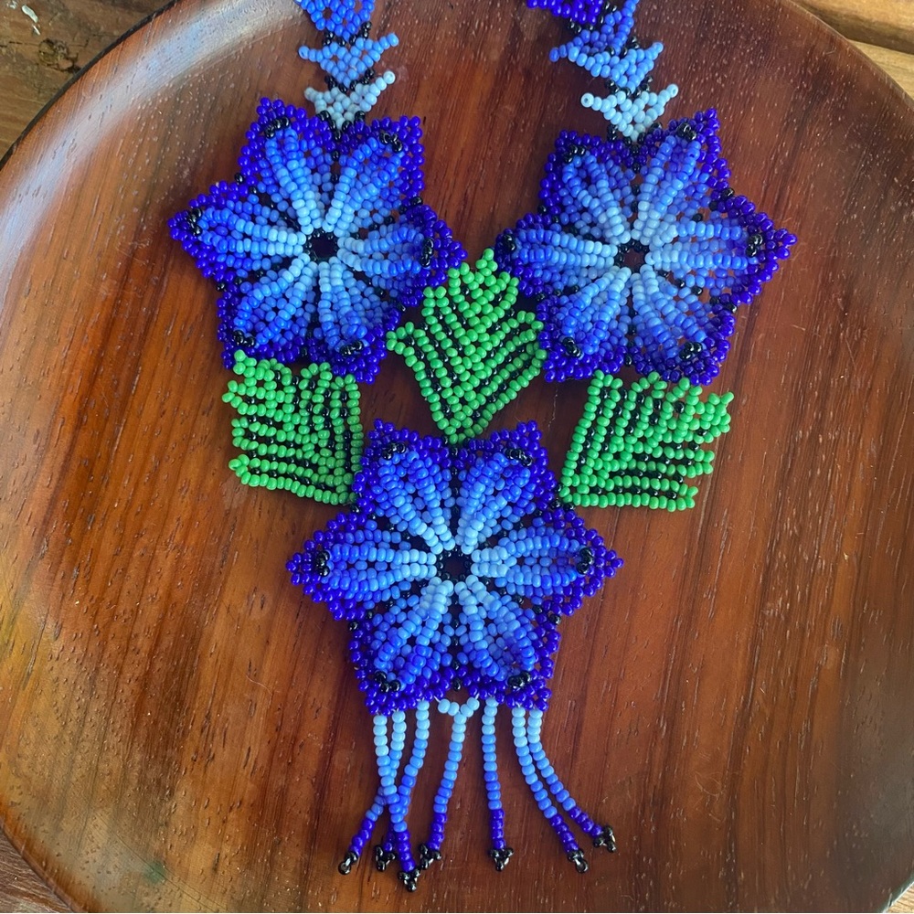 Long Blue Floral Beaded Necklace